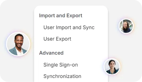 Dashboard showing import, export, and advanced options. Portraits of three individuals in circular frames surround the options list.