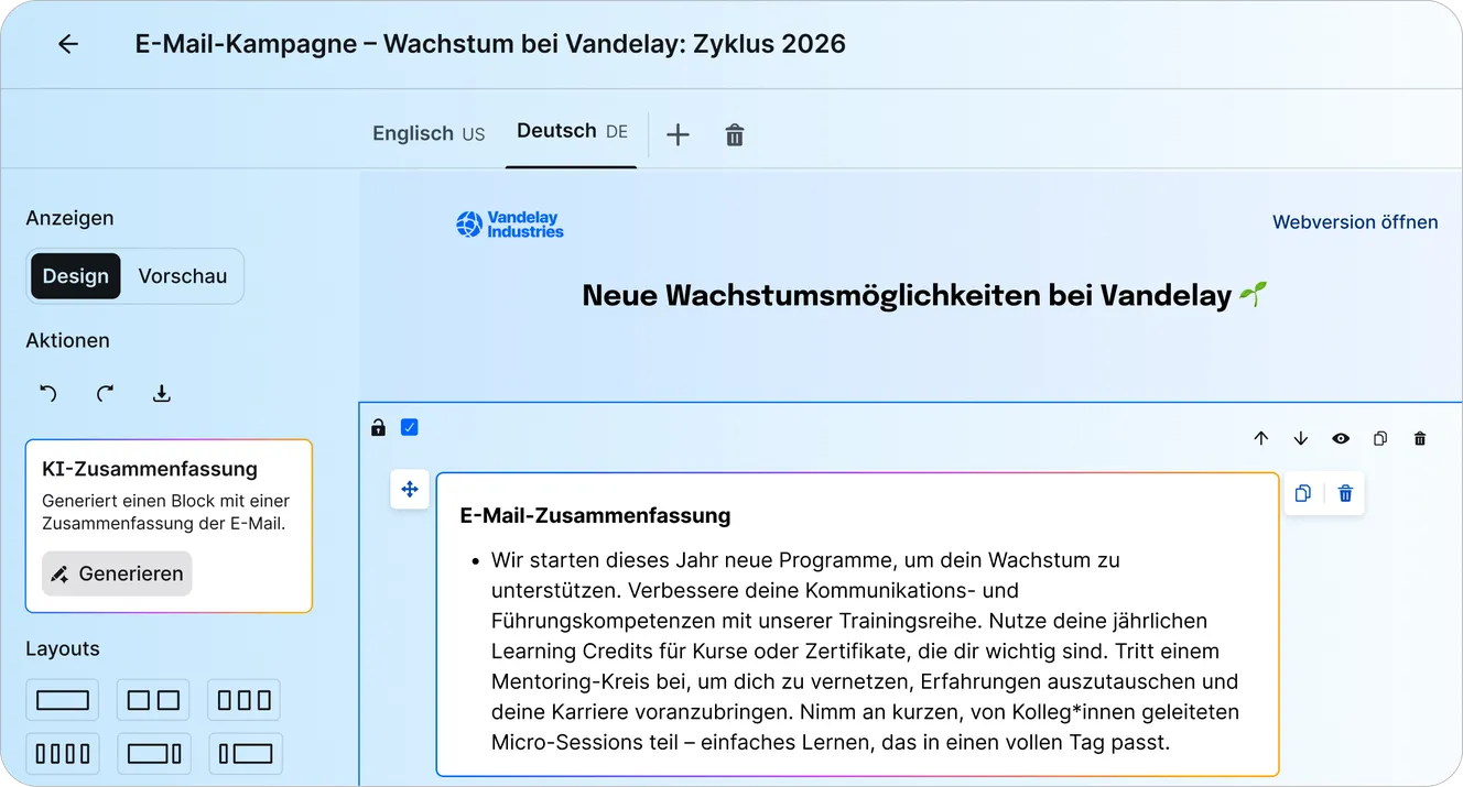 Staffbase Studio E-Mail-Editor mit deutscher Sprachversion und KI-Zusammenfassung-Block für die Kampagne "Wachstum bei Vandelay