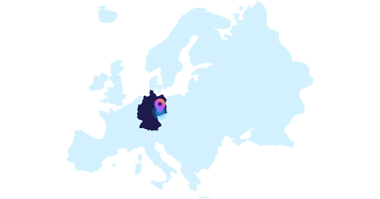 Map of Europe highlighting Germany with a pin marker indicating Staffbase's engineering hub locations.