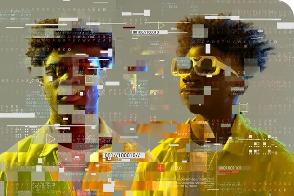 Two individuals with glasses and digital overlays, surrounded by numbers and letters, creating a futuristic, tech-inspired atmosphere.