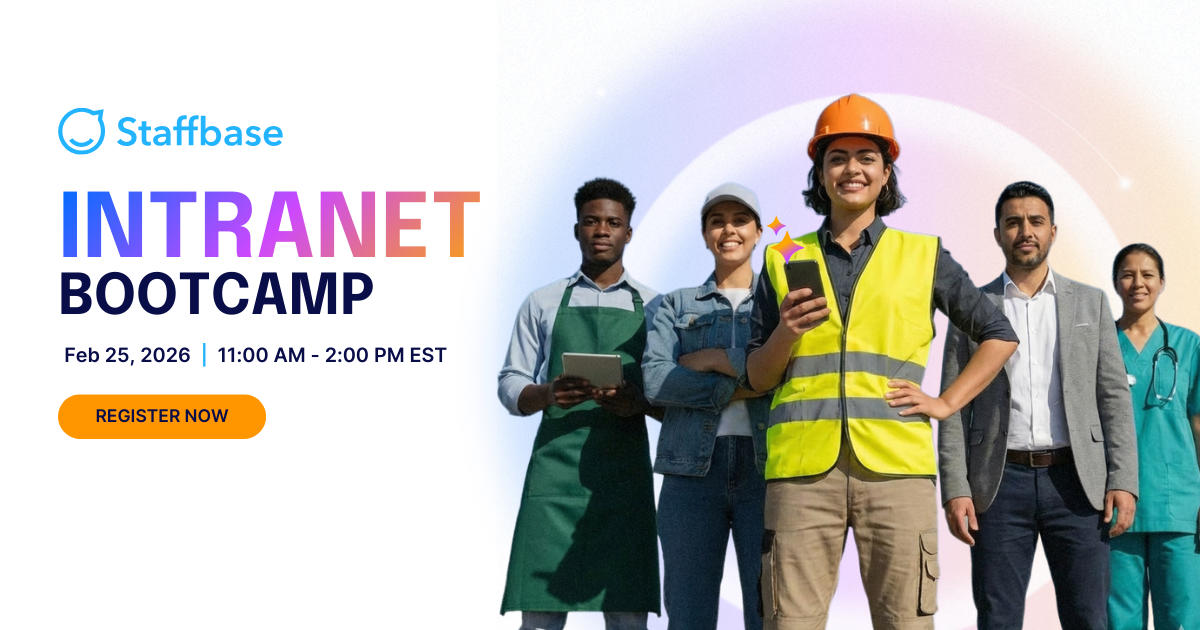 "Staffbase Intranet Bootcamp banner with diverse group of professionals. Event on Feb 25, 2026, from 11 AM to 2 PM EST. Register now."