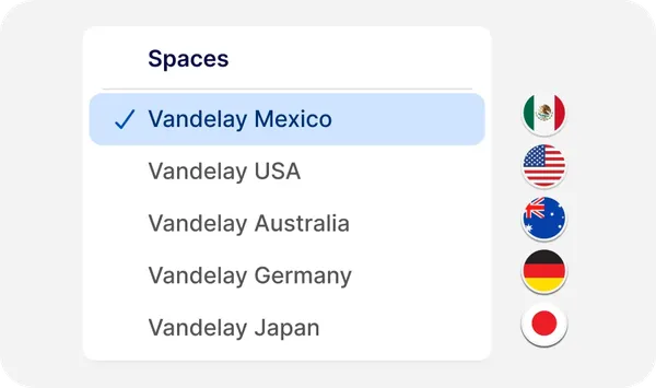 Menu showing a list of spaces with "Vandelay Mexico" selected. Flags of Mexico, USA, Australia, Germany, and Japan are on the right.