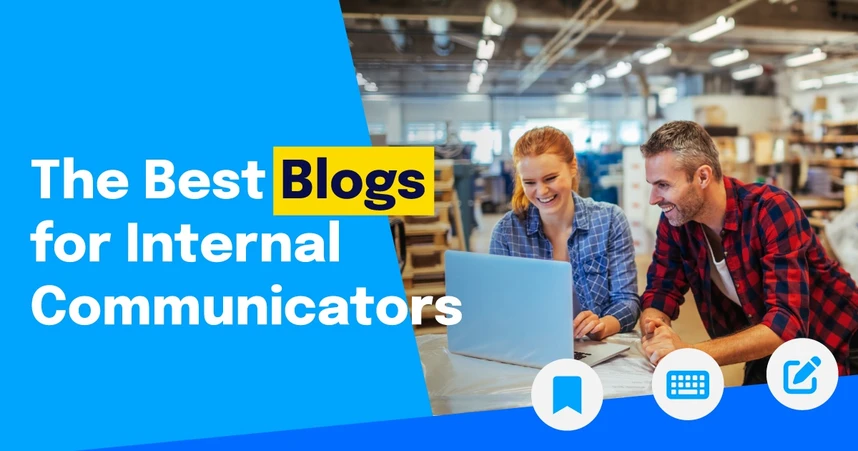 Colleagues look at a laptop screen together and smile