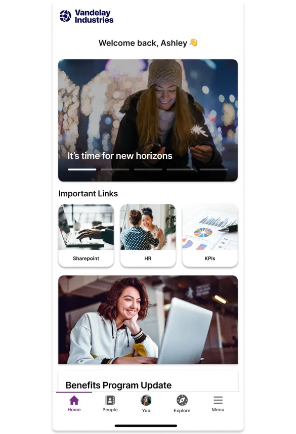 Mobile dashboard with a welcome message, navigation icons, and sections for important links, including Sharepoint, HR, and KPIs.