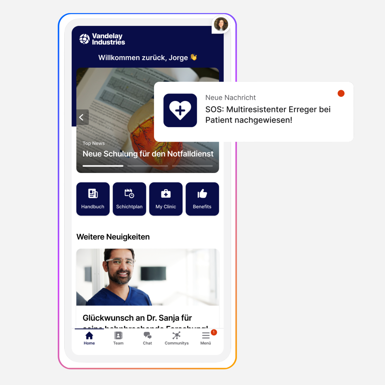Mitarbeiter-App inklusive Push-Benachrichtigung, die eine Warnung für Frontline-Mitarbeitende beinhaltet.