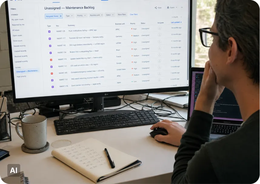 Employee at a desk viewing a project tracker filtered to an unassigned maintenance backlog, with nine high- and medium-priority tickets for broken features across regions left untouched for months