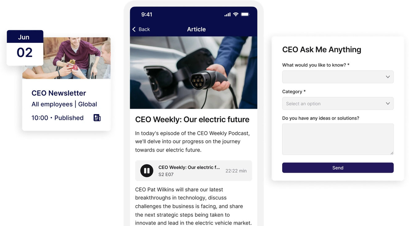 Mobile interface showing a CEO newsletter event, an article about electric vehicles, and a form for submitting questions to the CEO.
