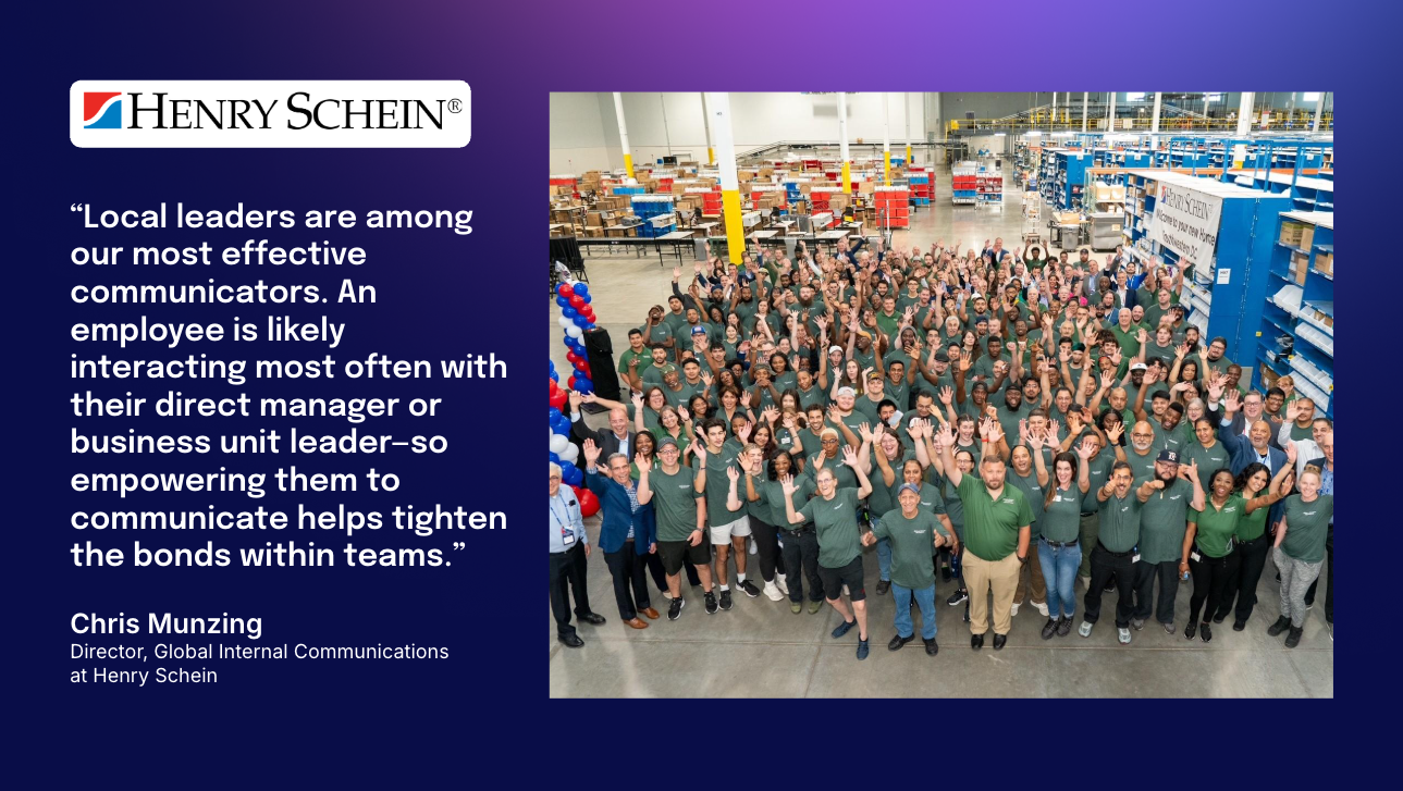A large group of people in a warehouse, many wearing green shirts, pose together with raised arms. A quote and Henry Schein logo are on the left.