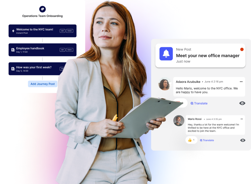 A person holding a tablet stands next to digital onboarding messages and notifications about a new office manager.