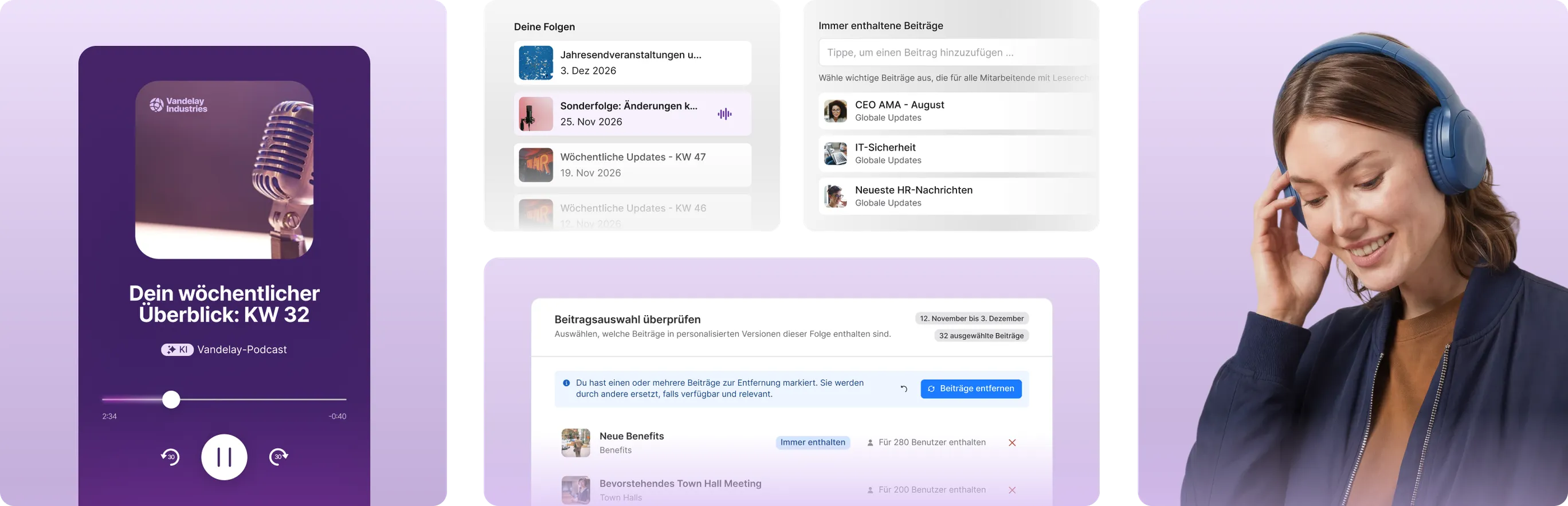 Collage aus Podcast-Player, Beitragsauswahl und Feed-Ansichten sowie einer lächelnden Frau mit Kopfhörern.