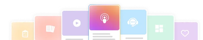 Colorful card icons, including a podcast microphone, video play button, chat bubble, grid, and heart, displayed in a row.