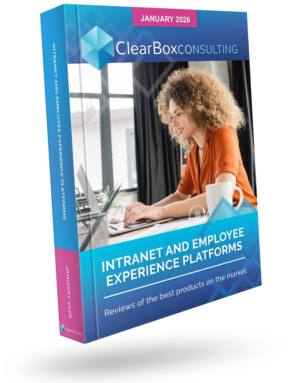 "ClearBox Consulting eBook titled 'Intranet and Employee Experience Platforms' with a woman using a laptop on the cover."