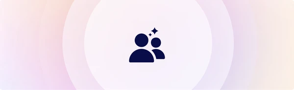 Two navy blue user icons with a sparkle above, centered on a pastel gradient background.