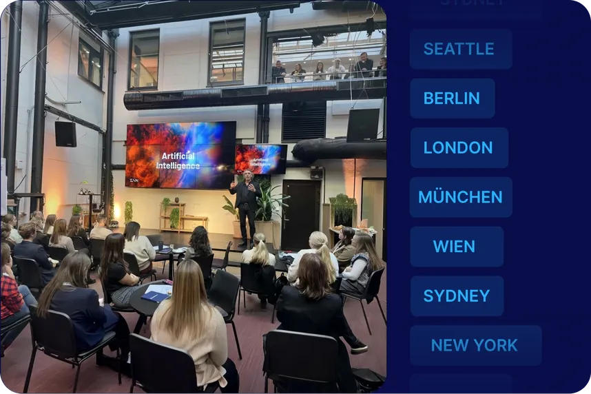 Vortrag zum Thema künstliche Intelligenz bei einem Staffbase Meetup mit Standorten Berlin, London, München, Wien, Sydney und New York