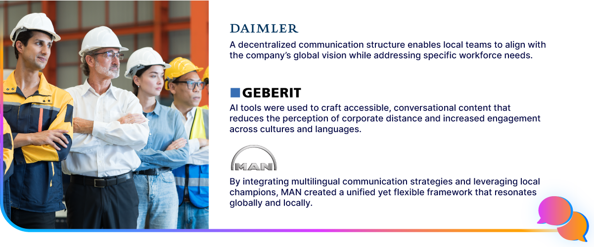 A diverse group of workers in safety gear stands with arms crossed. Text discusses Daimler's communication strategy and multilingual integration.