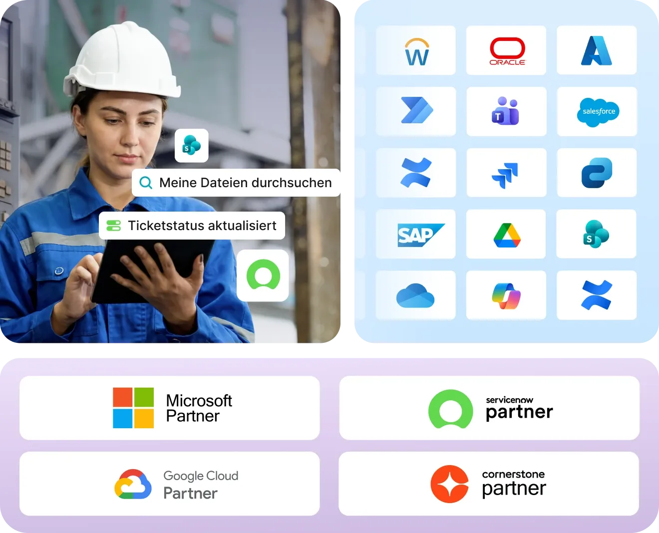 Staffbase Navigator-Integrationen mit Microsoft, SAP, Salesforce, Oracle, Google Cloud und ServiceNow für Frontline-Mitarbeitende