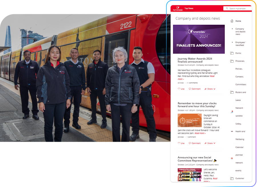 Transdev employees in uniform stand beside a red tram. A website page with company news is displayed on the right. Transdev logo at the bottom.