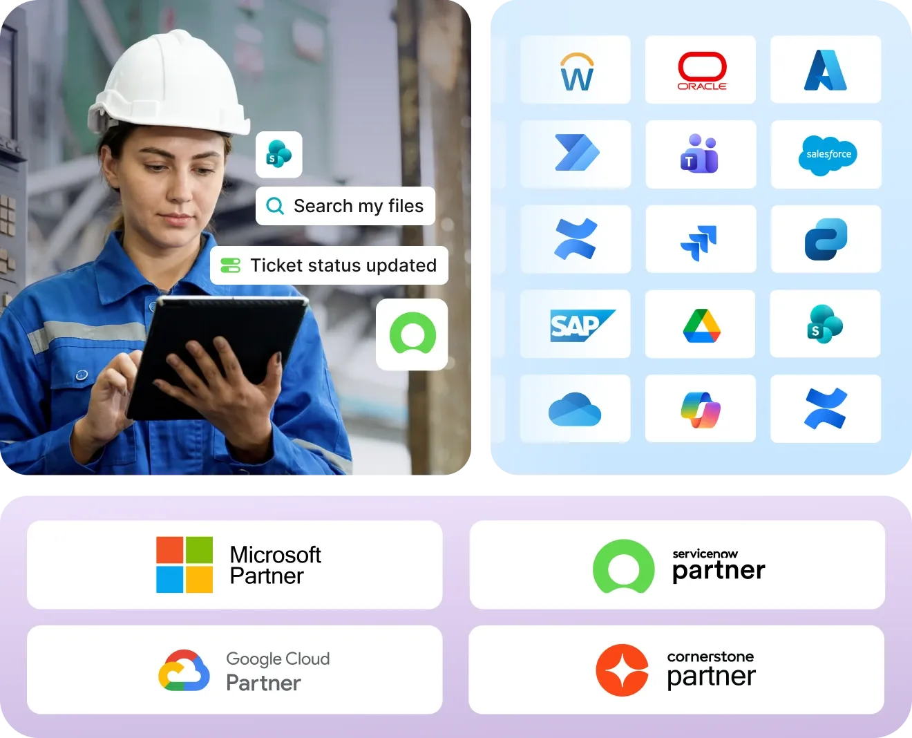 A composite graphic highlighting Staffbase's integrations and technology partnerships. On the top left, a female industrial worker in a hard hat and blue coveralls uses a tablet, with floating UI elements showing a SharePoint icon, a "Search my files" search bar, a "Ticket status updated" notification, and a ServiceNow chat icon. On the top right, a grid of 15 integration partner logos including Webex, Oracle, Microsoft Azure, Power Automate, Microsoft Teams, Salesforce, Confluence, Jira, Microsoft Loop, SAP, Google Drive, SharePoint, OneDrive, Microsoft Copilot, and Confluence. Along the bottom, four partnership badges are displayed: Microsoft Partner, ServiceNow Partner, Google Cloud Partner, and Cornerstone Partner.