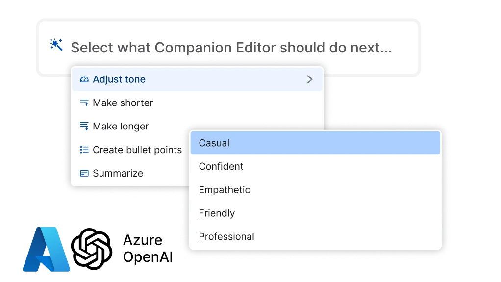 Dropdown menu titled "Adjust tone" with options: Casual, Confident, Empathetic, Friendly, and Professional.