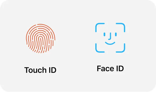 Icons of red fingerprint labeled "Touch ID" and blue smiling face labeled "Face ID" on a light gray background.