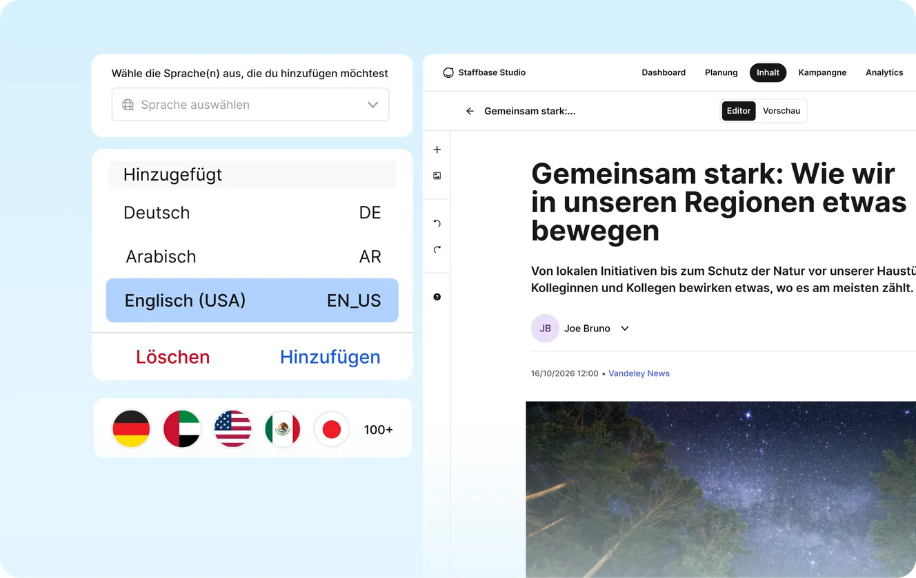 Sprachauswahl im Staffbase Studio