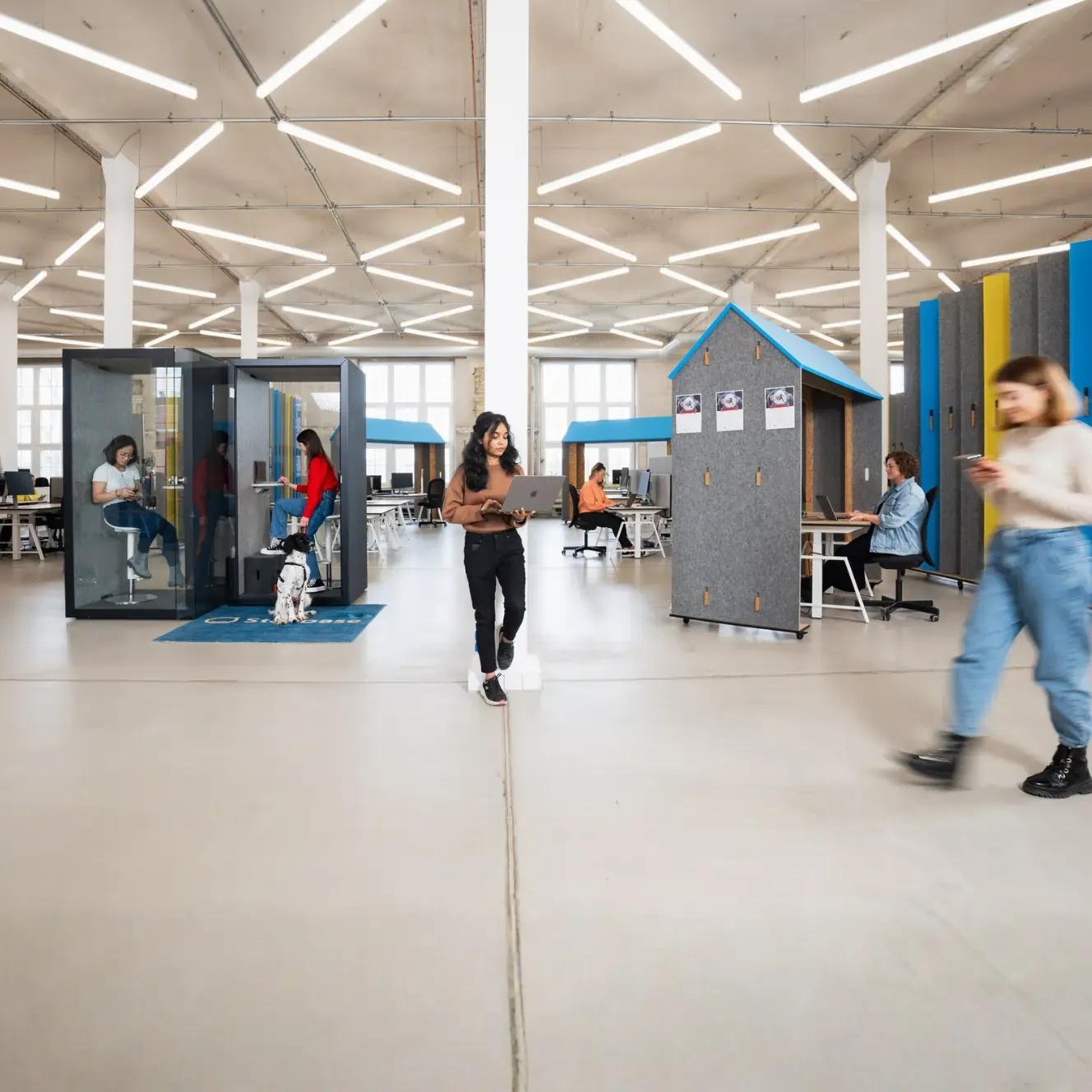 Staffbase open-plan office with glass phone booths, a house-shaped meeting pod, employees working at desks, and a dog on a blue rug.
