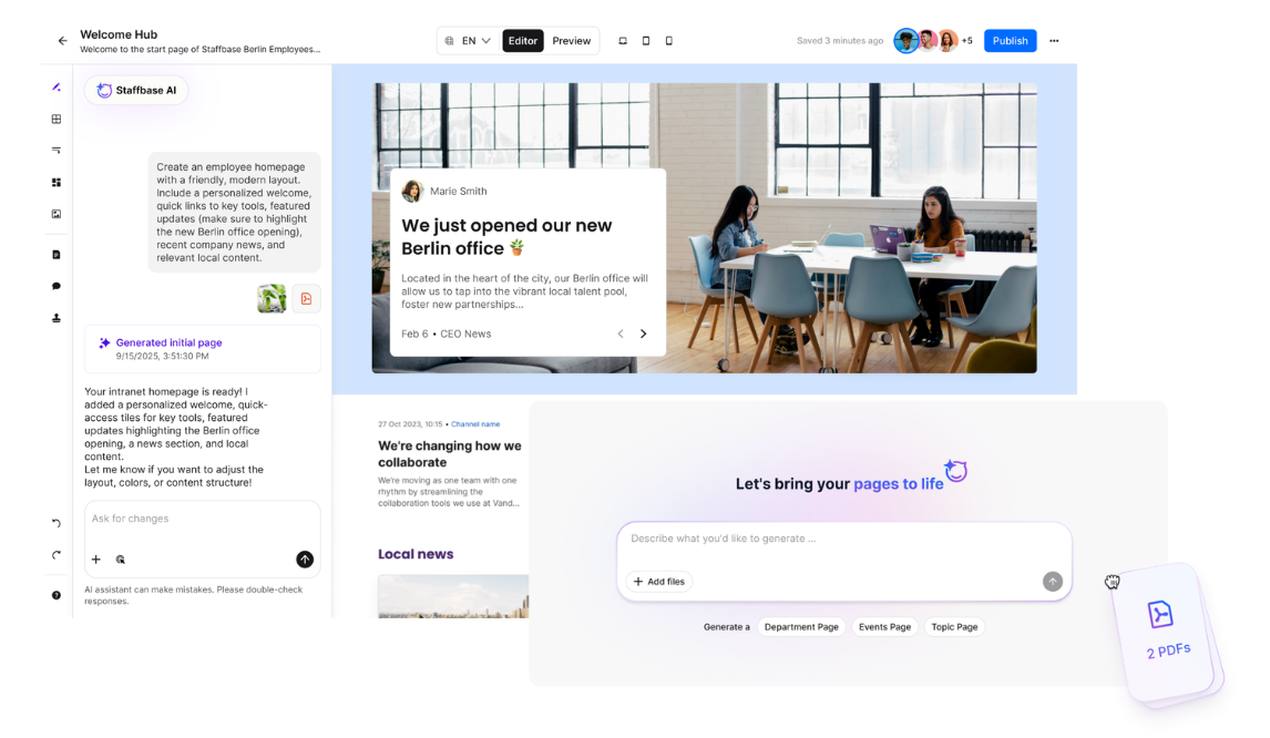Screenshot des Staffbase Studio Editors mit KI-gestützter Seitenerstellung. Links ist ein Chat mit dem Staffbase AI-Assistenten zu sehen, der auf Basis einer Texteingabe eine Intranet-Homepage generiert hat – inklusive personalisierter Begrüßung, News-Bereich und lokalen Inhalten. Rechts zeigt die Vorschau die fertige Seite mit einem Artikel zur neuen Berliner Niederlassung.