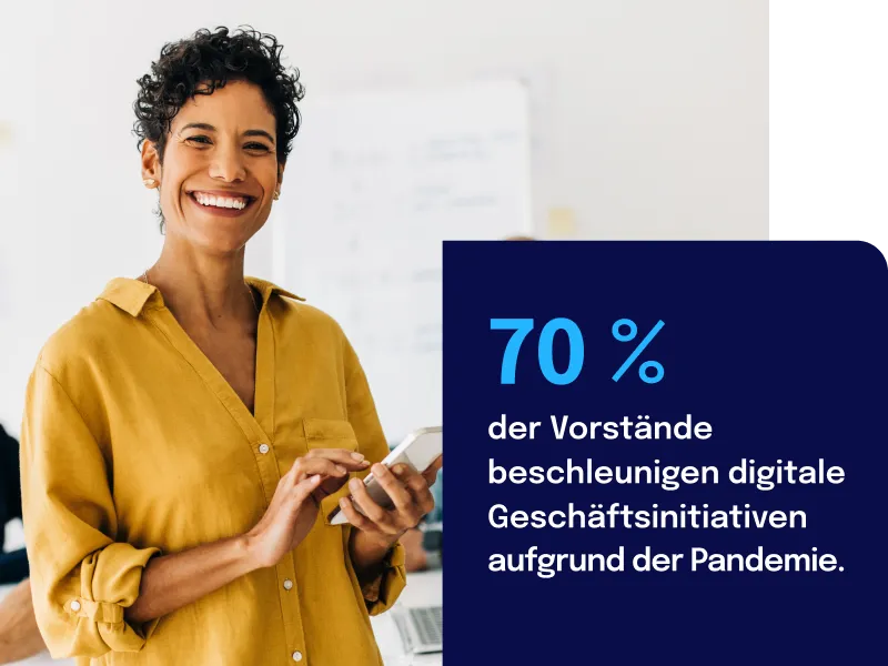 Smiling person in a yellow shirt holds a phone. Text reads: "70% of board directors are accelerating digital business initiatives due to the pandemic."