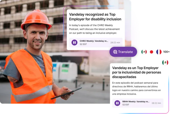 A construction worker in an orange vest and helmet holds a tablet. Overlay shows podcast episodes in English and Spanish about disability inclusion.