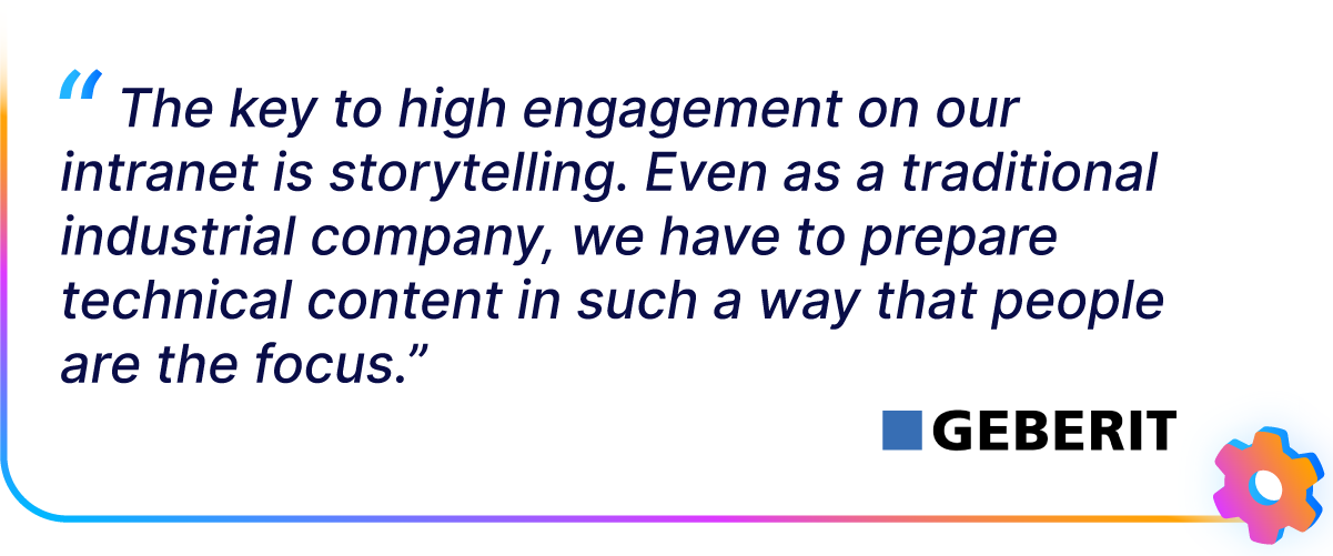 Quote about storytelling and engagement in technical content by Geberit, with a colorful border and company logo.