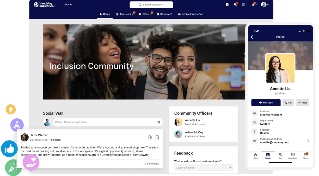 A group of diverse people smiling in an office setting. The screen shows a social platform interface with posts, profile details, and community info.
