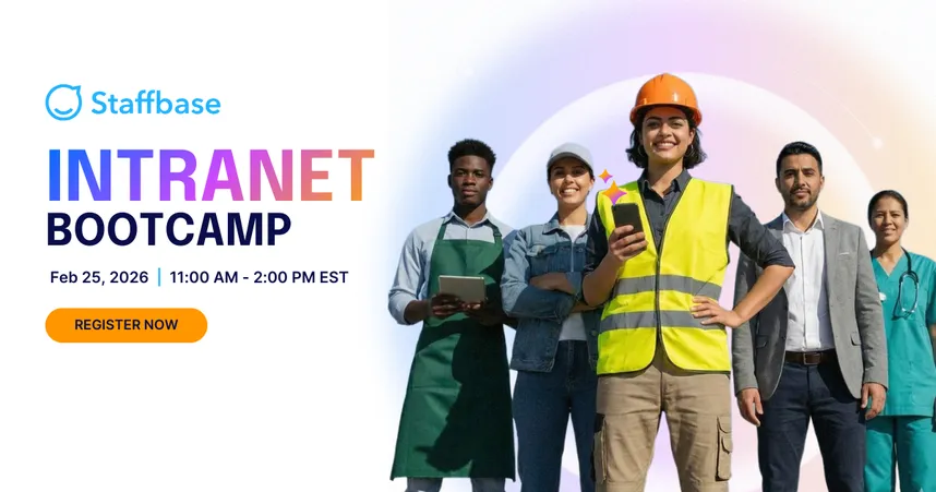 "Staffbase Intranet Bootcamp banner with diverse group of professionals. Event on Feb 25, 2026, from 11 AM to 2 PM EST. Register now."