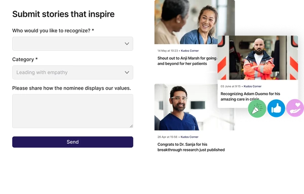 Split screen showing a form to submit inspiring stories on the left, and three recognition posts with healthcare professionals on the right.