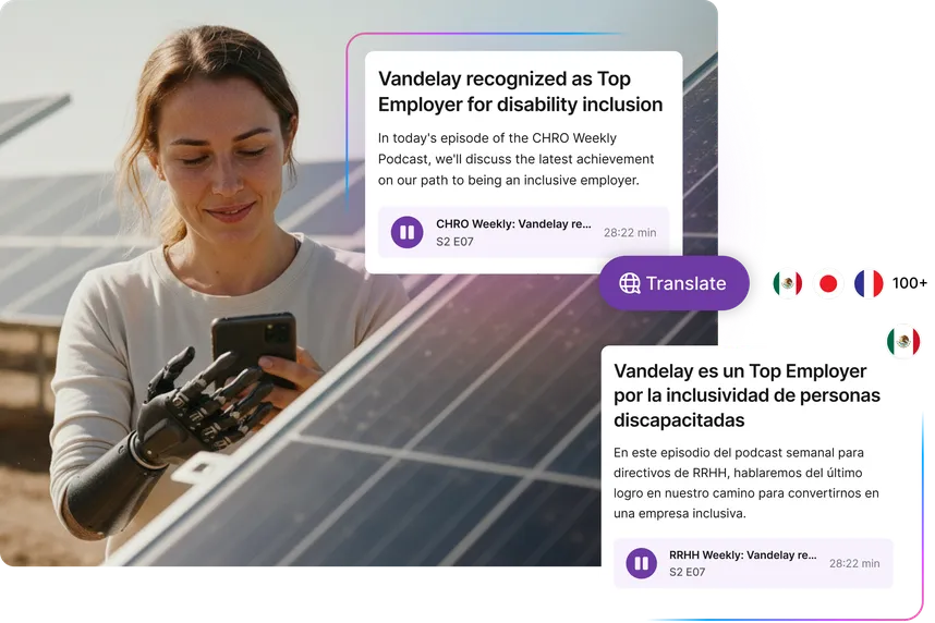 Woman with a prosthetic hand uses a smartphone near solar panels while a company news card appears in English and Spanish with a ‘Translate’ button and language icons