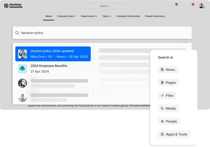 Search results for "Vacation policy" on a company intranet, showing related articles and a search filter sidebar.