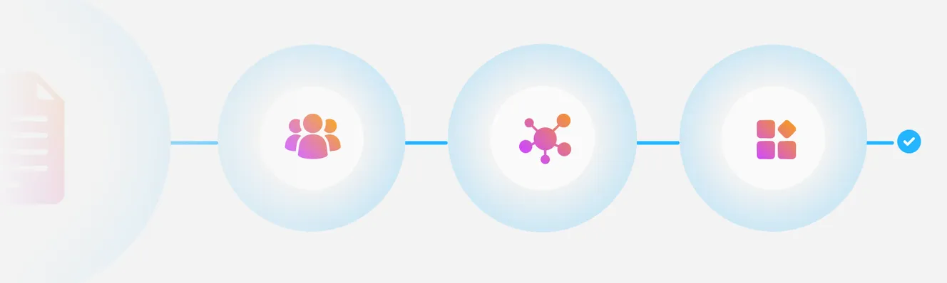 Abstract icons symbolize team collaboration, interconnectedness, and integration, arranged in a sequence on a light background.