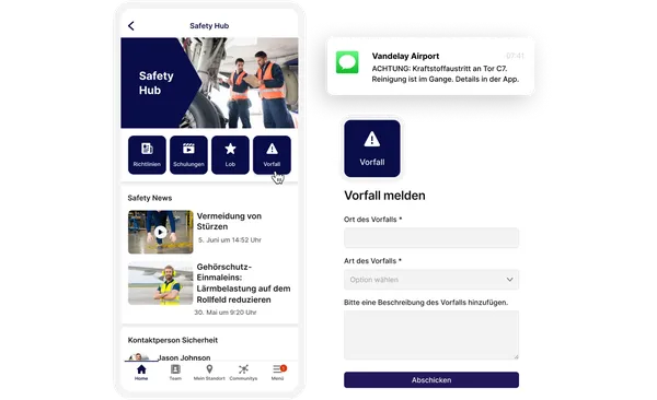 Mobile interface showing a safety app with options like "News" and "Submit an Incident." A notification about a spill at Vandelay Airport is visible.