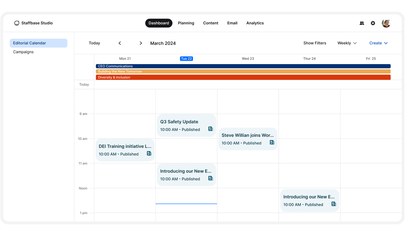 Digital calendar interface displaying events for March 2024, including "CEO Communications" and "Diversity & Inclusion," with time slots and categories.
