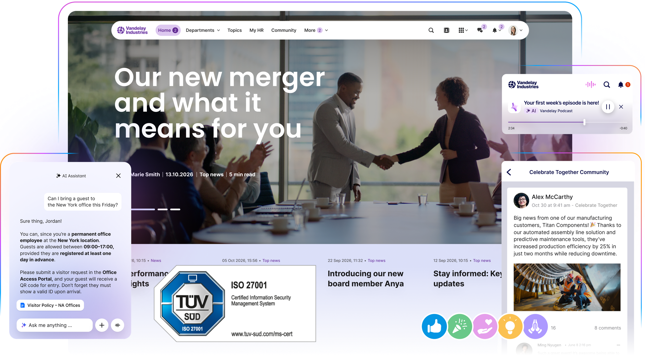 A digital interface showing a company meeting, chat windows, and notifications about a merger and new IT security policy. ISO Certificate ISO 27001