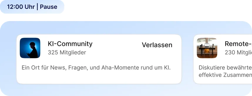 Staffbase Community-Ansicht mit KI-Community (325 Mitglieder) und Remote-Community