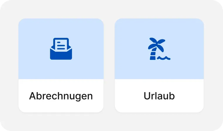 Symbole für „Gehaltsabrechnungen“ und „Urlaub“ auf hellblauem Hintergrund; Umschlag mit Dokument für Gehaltsabrechnungen, Palme und Wellen für Urlaub.