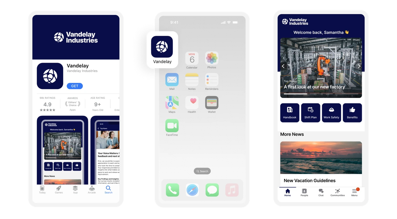 Three smartphone screens showing an app download page, home screen with app icon, and app interface with news and updates from Vandelay Industries.