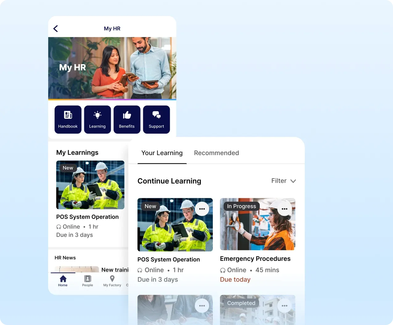 A Staffbase app displaying HR and employee training modules, including course cards for "POS System Operation" and "Emergency Procedures.