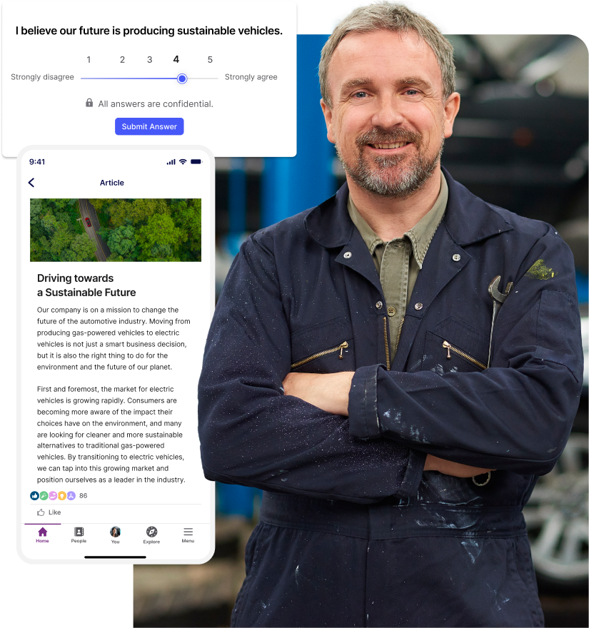 A person in a blue jumpsuit stands smiling, with a survey and article about sustainable vehicles displayed above.