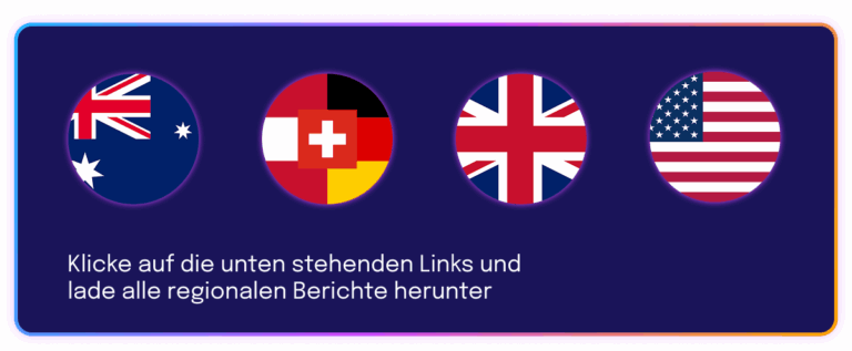 Vier kreisrunde Flaggen (Australien, DACH-Region mit Schweizer Kreuz, Großbritannien, USA) auf dunkelblauem Hintergrund. Darunter steht: „Klicke auf die unten stehenden Links und lade alle regionalen Berichte herunter.“