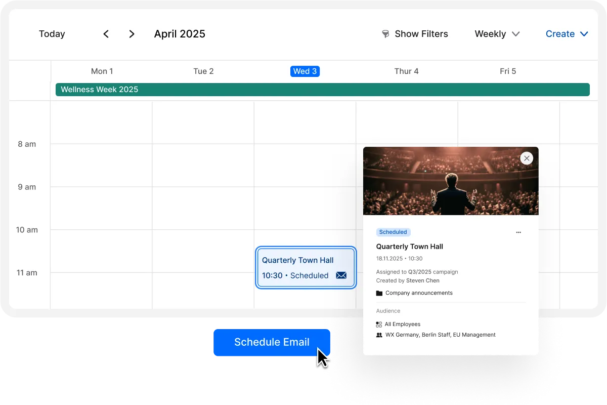 Calendar interface showing a scheduled event, "Quarterly Town Hall," on April 2, 2025, at 10:30 am. A pop-up details the event.