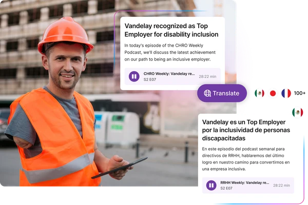 A construction worker in an orange vest and helmet holds a tablet. Overlay shows podcast episodes in English and Spanish about disability inclusion.