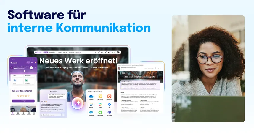 Staffbase-Software für interne Kommunikation: Desktop- und Mobile-Ansicht mit "Neues Werk eröffnet!"-Beitrag, KI-Assistent, Staffbase Connectors (OneDrive, SAP Concur, Slack, MS Teams u.a.) und Porträt einer Mitarbeiterin am Laptop