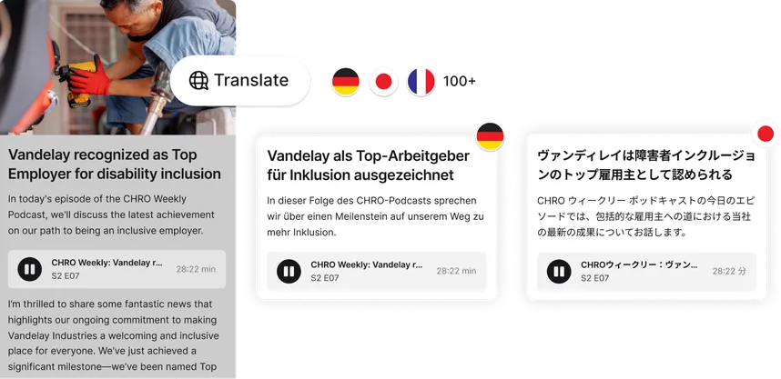 A person using a tablet with translation options in multiple languages, displaying text about Vandelay's recognition as a top employer for inclusion.