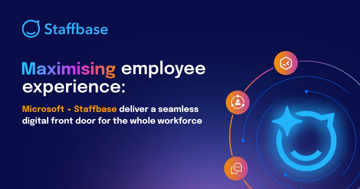 Maximising employee experience with Staffbase and Microsoft showing icons representing communication and collaboration